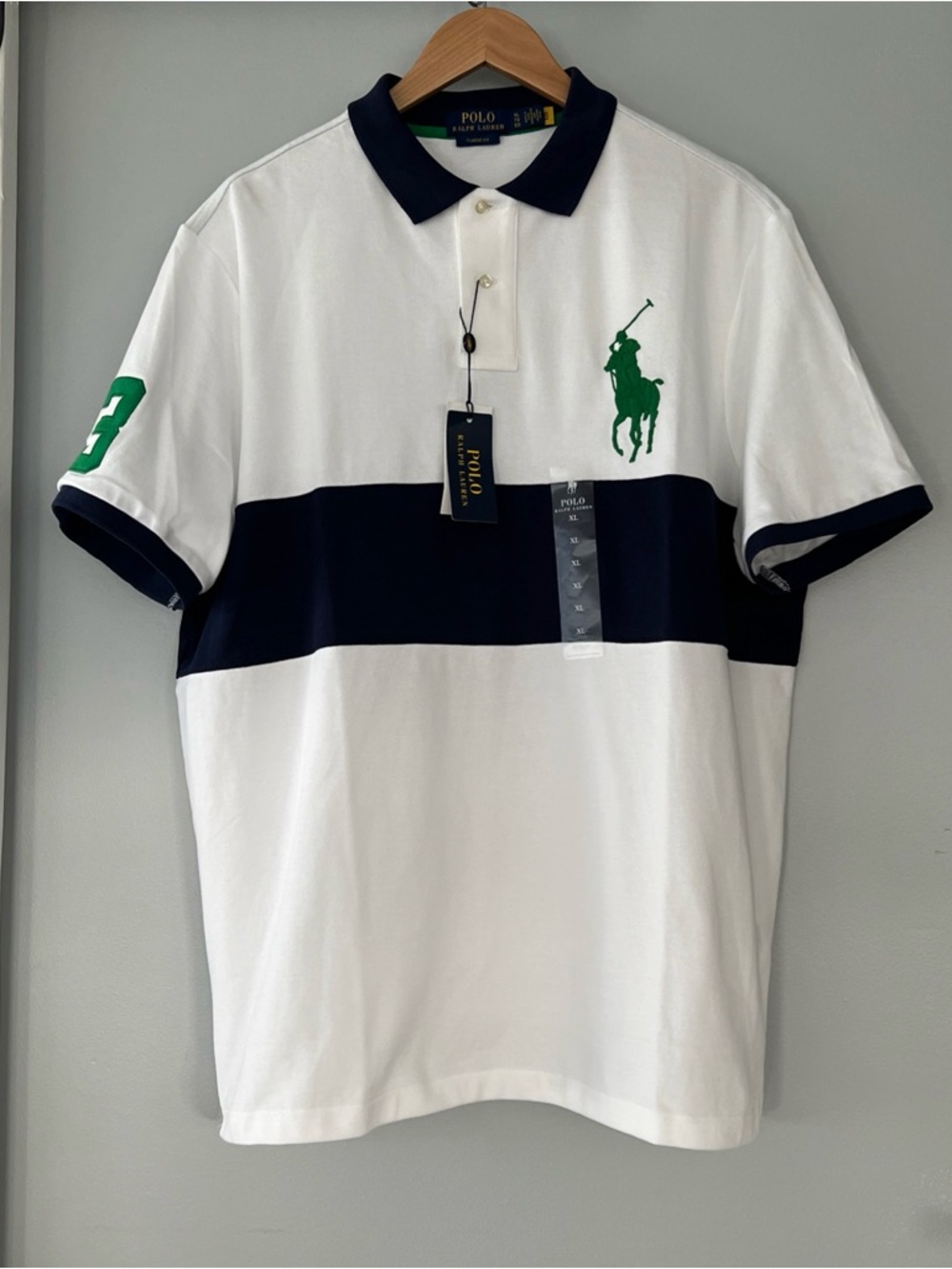 NWT Polo by Ralph Lauren White Navy Stripe Polo with Big Green Pony